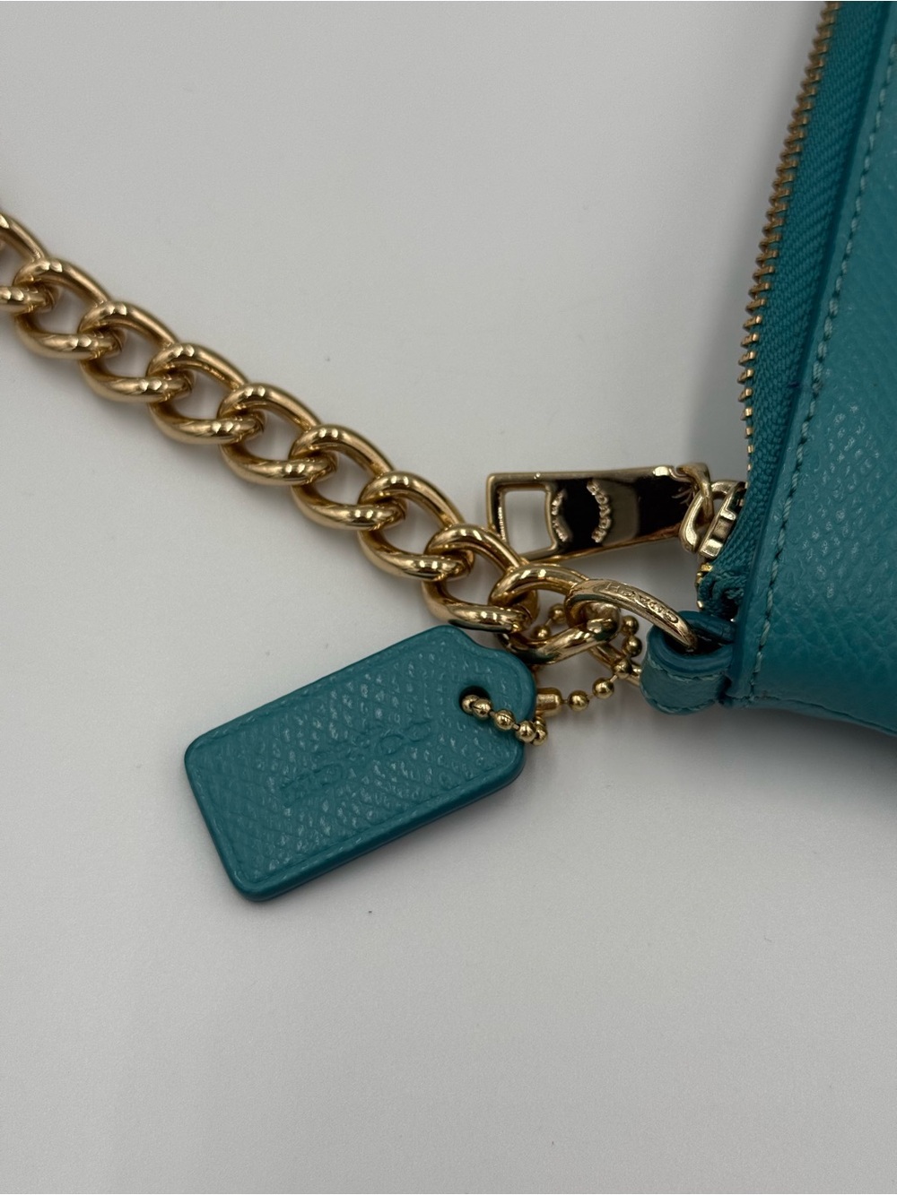 COACH Quinn Teal Leather Studded Crossbody with Gold Chain - Picture 3 of 9